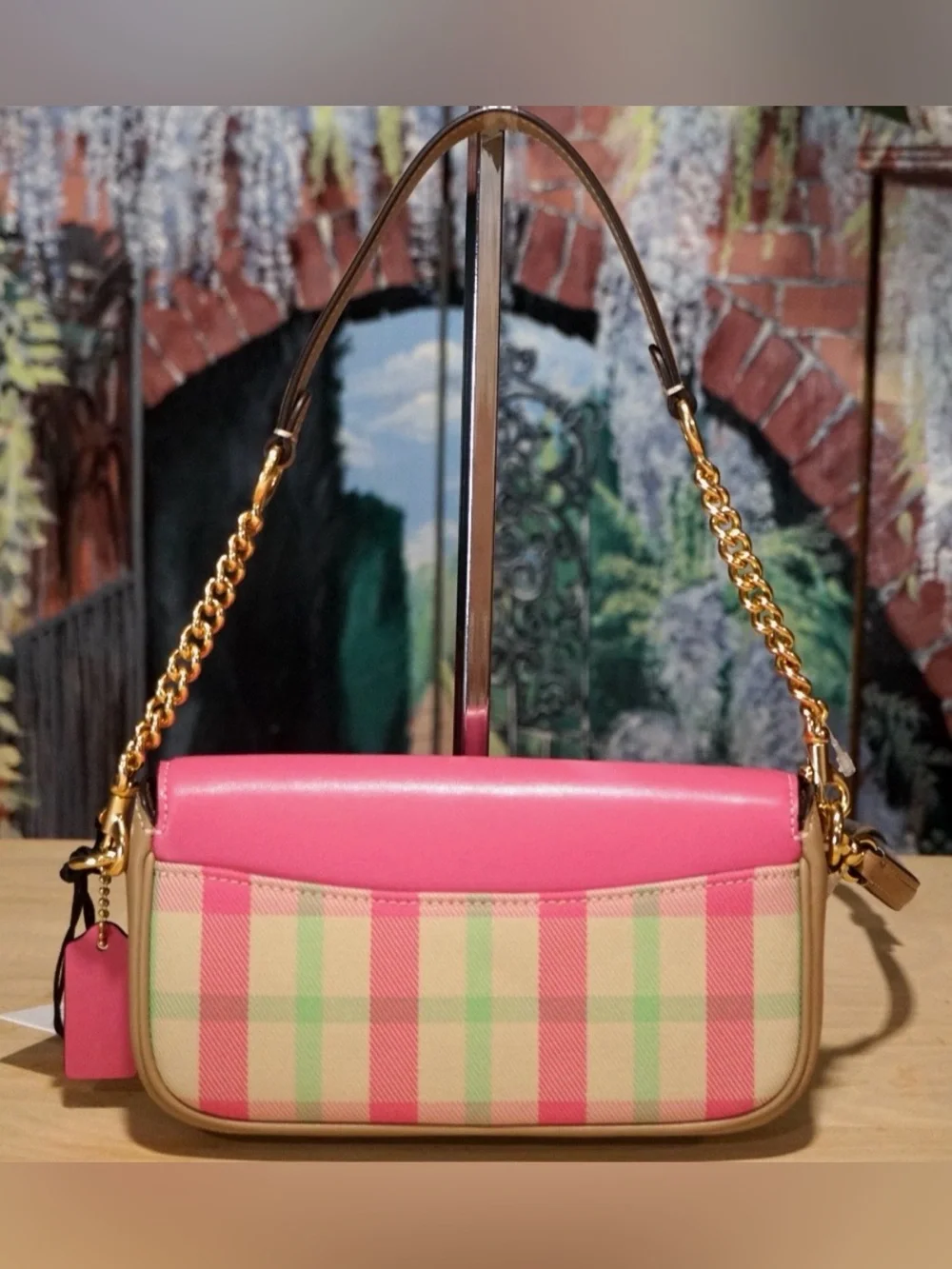 Coach Hailey Flap Crossbody Bag Plaid Print Pink Pastels Purse Gold Chain NWOT